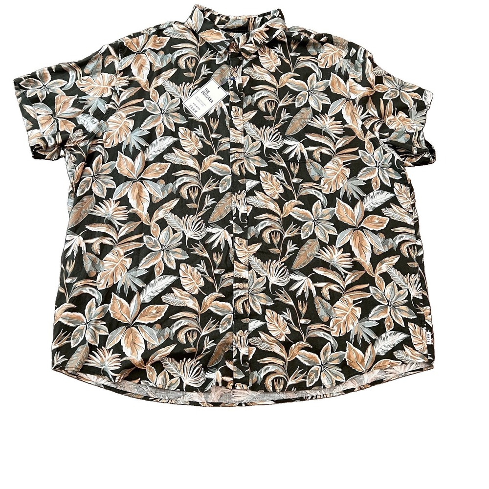 Rowm‎ Men's Button Up Shirt 3XB Hemp Blend Floral Vacation Earthy Green Cream
